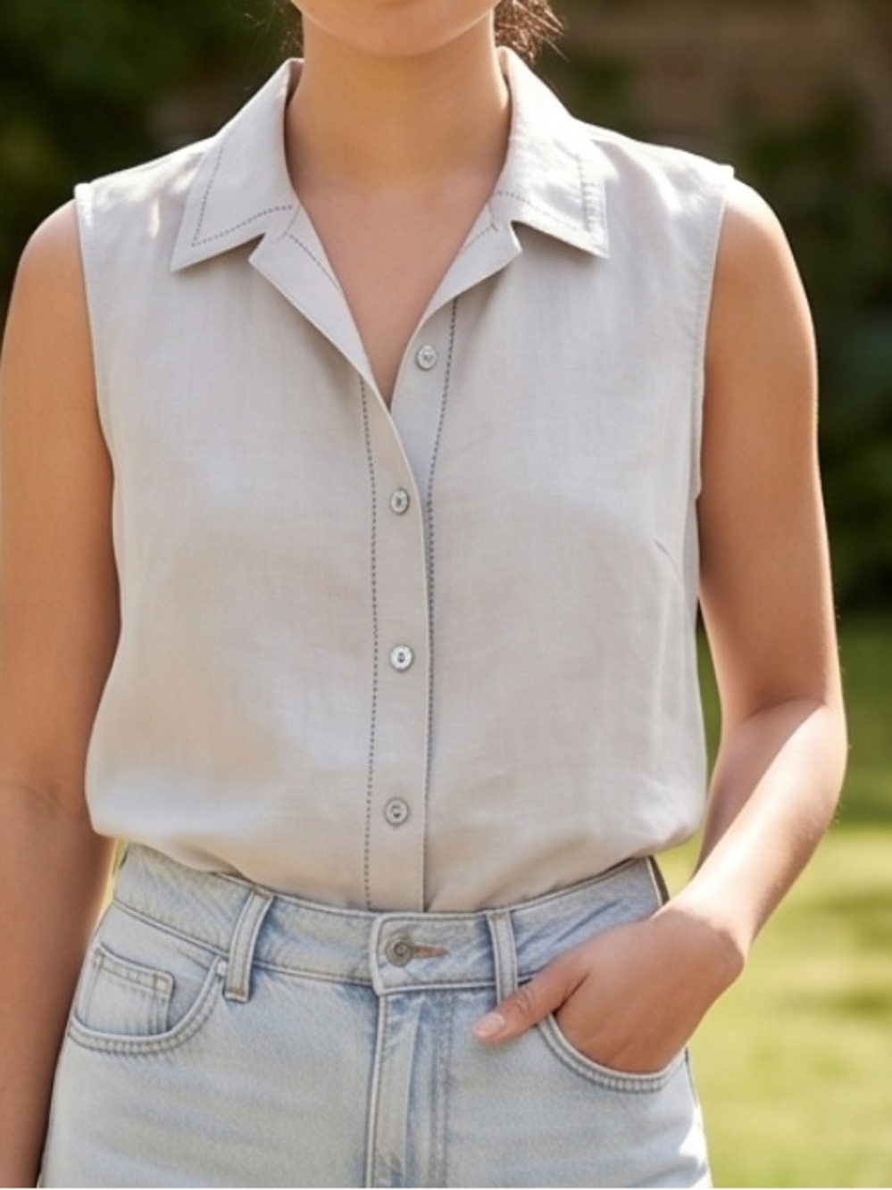 100% Linen , Alice Blue Sleeveless Button-Down Collared Top in Light Beige